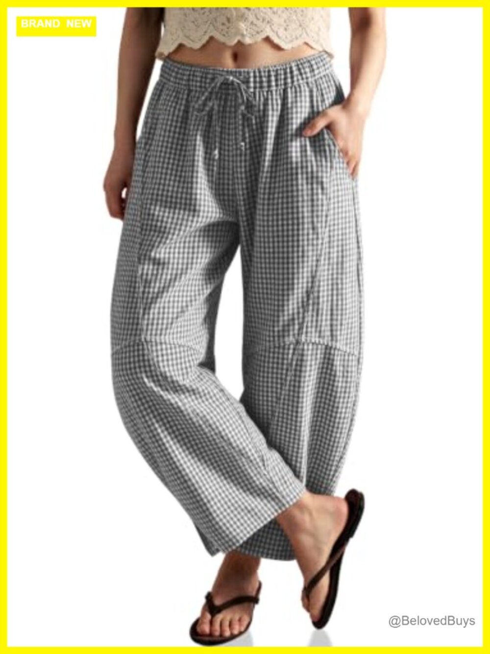 Womens Linen Gingham Barrel Pants Drawstring High Waist Trousers Casual